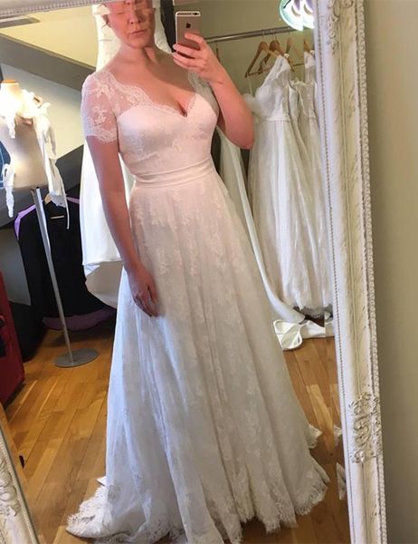 

a line full lace wedding dress short sleeve v neck a line floor length elegant bridal gowns custom size, White