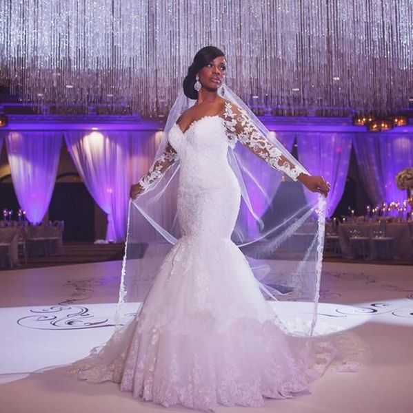 

плюс размер русалка свадебные платья 2019 полным рукавом старинные новые зимние кружева аппликации прозрачные свадебные платья на заказ мода, White