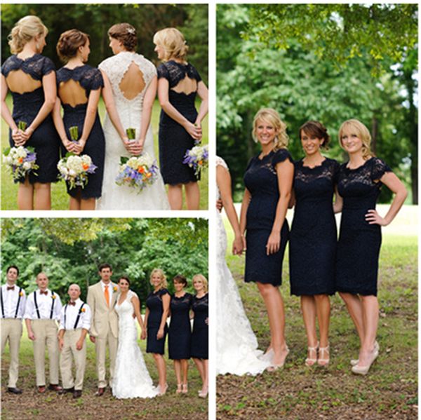 Joelho Comprimento Azul Marinho Rendas Vestidos de Dama de Honra País Curto Damas de Honra Vestidos O Decote Rústico Fazenda Vintage Aberto Voltar Bridesmaids Vestidos