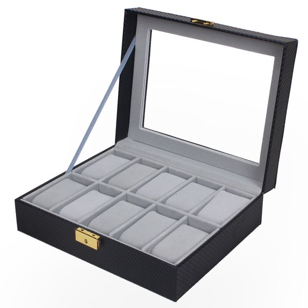 

wholesale-10 grids men display box black carbon fibre watch box transparent skylight watch storage box with lock case box relogio, Black;blue