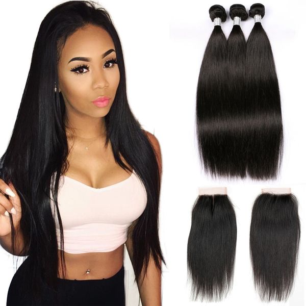 8a Raw Indian Straight Weave Hair Bundles With Lace Closure Free