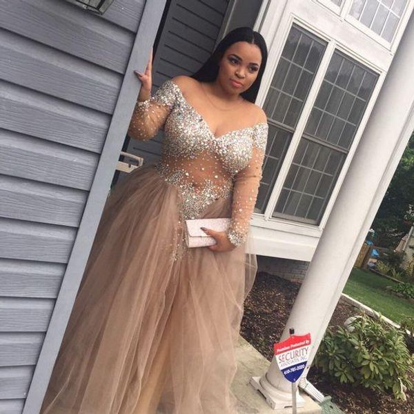

2019 a line beaded deep v-neck tulle plus size special occasion dresses floor length long sleeves mother of the bride gowns prom gowns, Black