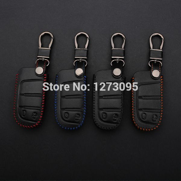 Costurado mão do couro genuíno Keychain Car para Dodge Journey 2012 2013 2014 2 botões inteligente remoto chave Tampa Anel Caso Auto Acessório