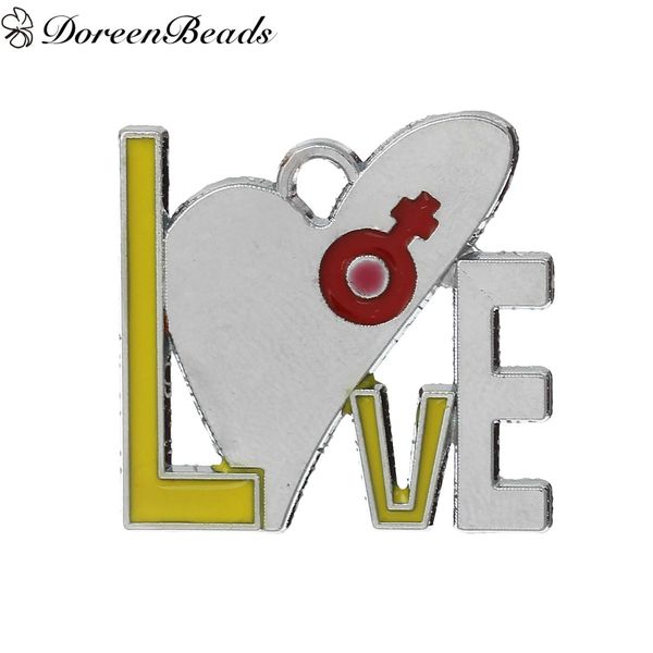 

charm pendants heart silver tone message " love " carved yellow enamel 24mm x 23mm(1" x 7/8"), 20 pcs 2016 new jewelry m, Bronze;silver