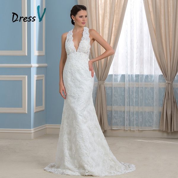 

2019 Newest Open Back Keyhole Mermaid Wedding Dresses Deep V-Neck Beaded Applique Lace Bridal Gowns Summer Sexy Bride Dress Custom Made