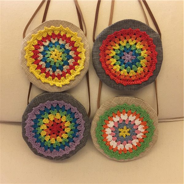 

fashion new flower girls handbags flowers crochet ethnic style children messenger bag knite round bag kids shoulder bags c2342, White