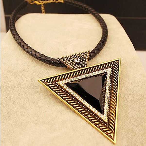 

new gold black rhinestone pendant necklace women hyperbole triangle choker necklaces sweater leather chain fashion jewlery, Golden;silver