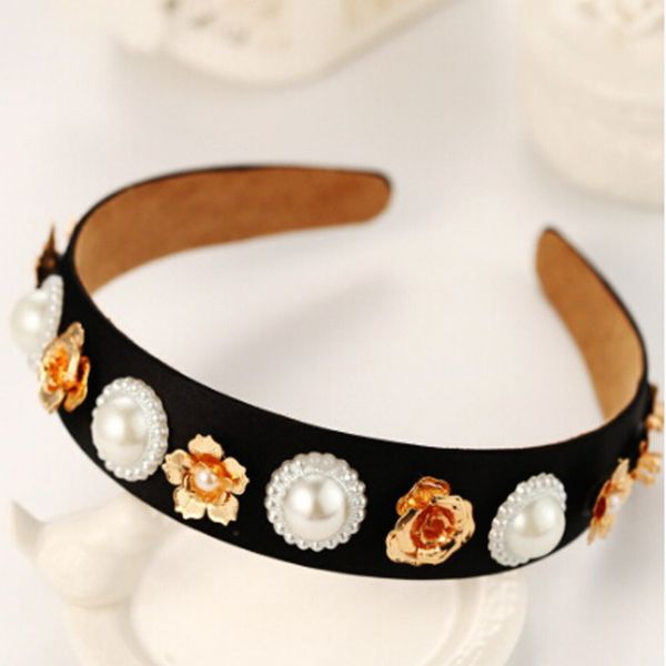 

Luxury baroque retro crown full rhine tone pearl handmade hair band cry tal velvet wide headband wedding hair jewelry women gift