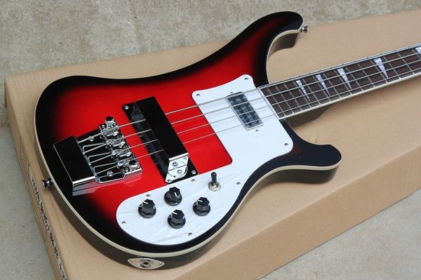 Kostenloser Versand Black Edge Red Burst 4 Saiten 4003 E-Bass Palisandergriffbrett, weiße Pearloid-Dreieck-Einlage, weißes Schlagbrett