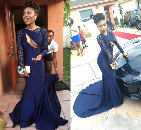 

сексуальная полые спереди русалка платья вечерняя одежда sexy расщепление юбка поезд темно-синий пром платья кружева атлас погружаясь назад, Black