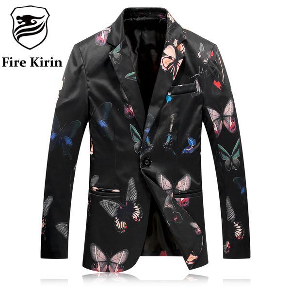 

wholesale- fire kirin blazer men 2017 black white butterfly pattern mens printed blazer slim fit blazers for men casual suit jacket q8, White;black