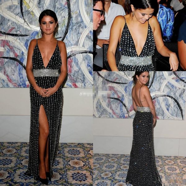

chiffon selena gomez crystals beaded spaghetti v neck split pageant evening gowns floor length black celebrity prom party dresses sleeveless, Black;red
