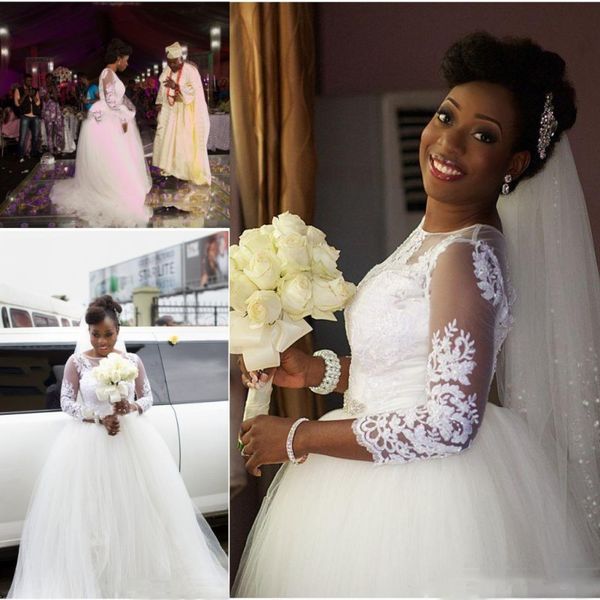 

vintage lace applique ball gown wedding dresses sheer neck long sleeves south african bridal gowns plus size floor length wedding vestidos, White
