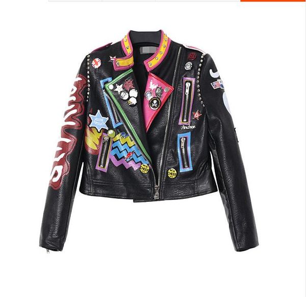 

wholesale-europe tide brand new metal decorative painting personalized street trend leather motorcycle jacket women dongkuan, Black