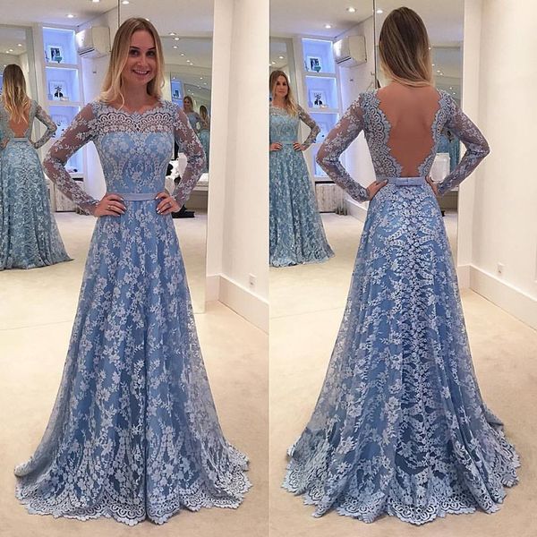 

2019 Newest A-line Lace Prom Dress Long Sleeve Sleeve Open Back Long Formal Gown Party Evening Dresses Homecoming dress Custom Made
