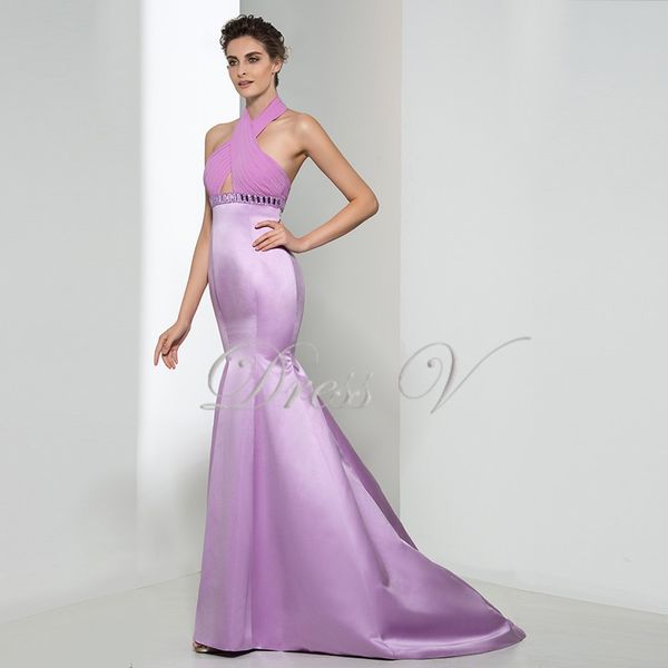 

2019 Sexy Lavender Satin Backless Mermaid Evening Dresses Criss-Cross Halter Neck Formal Dress Beaded Crystal Party Prom Gowns Custom Made