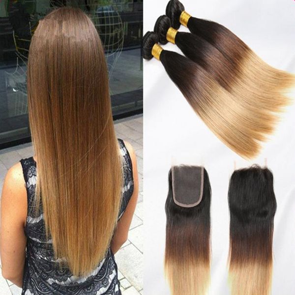 Brazilian Silky Straight Ombre Two Tone Hair Bundles With Lace