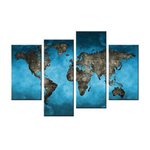 Acheter 4 Pièces Toile Peinture Fond Bleu Carte Peinture Avec Cadre Carte Du Monde Photo Impression Sur Toile Pour La Décoration Intérieure Pour Les