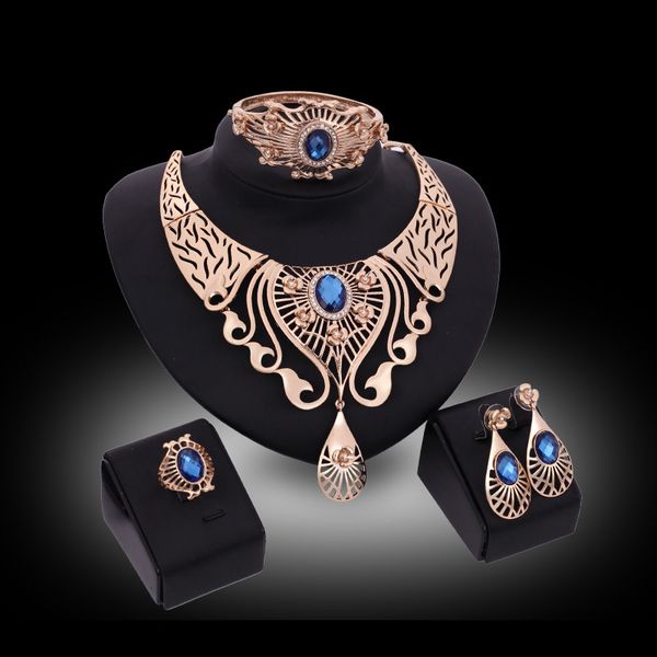 

bangles necklaces rings earrings jewelry sets luxury women royal rhinestone 18k gold plated water drop alloy party jewelry 4-piece set js038, Slivery;golden