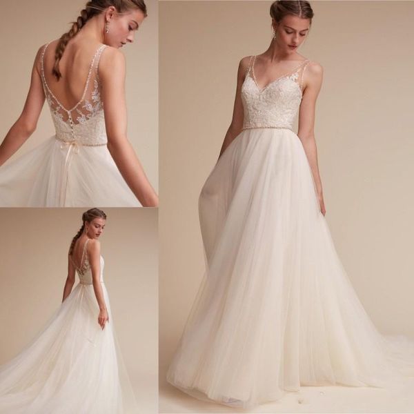 

bhldn beach wedding dresses backless lace appliqued v neckline bridal gowns custom made white tulle wedding dress