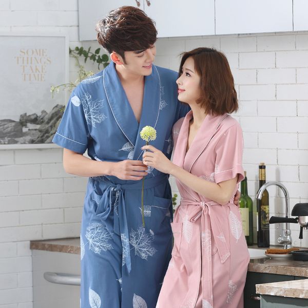 

wholesale- a139 summer couple new nightgown lady cotton thin section short sleeve long paragraph bathrobe summer cotton bath gown man, Black;red