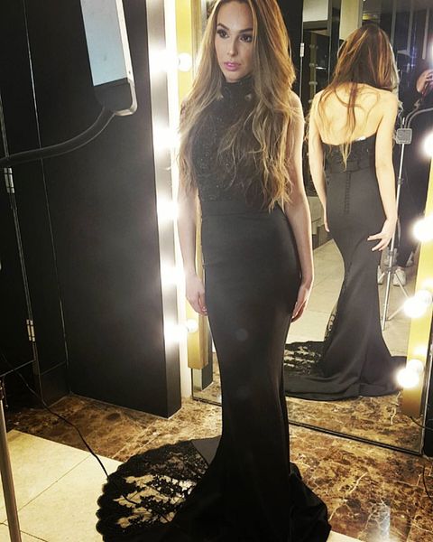 

fitted black lace evening dresses back formal evening gowns high neck beaded black prom dress women formal party dress custom made, Black;red