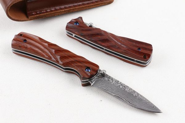 Nuovo arrivo Coltello pieghevole Damasco VG10 Lama in acciaio Damasco Manico in palissandro naturale Coltelli tascabili EDC con fodero in pelle