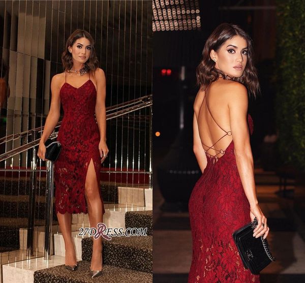 

backless dark red tea length short prom dresses 2018 new straps sweetheart side split evening gowns lace short cocktail party wear, Black