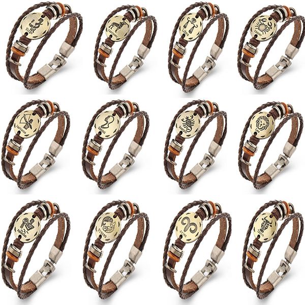 

браслеты унисекс панк-рок ретро bracelete 12 созвездия медь бронза женщины мужчины плетеный кожаный шнур рождественские подарки wx-b08, Golden;silver