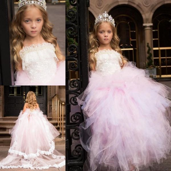 Rosa Prinzessin Ballkleid Perlen Perlen Mädchen Festzug Kleid Spitze Neckholder Tüll Rüschen Blumenmädchenkleider für Hochzeit Rückenfreie Kinderkleider