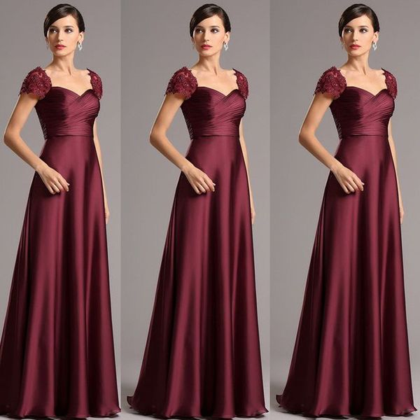 Скромная Long Formal Maroon мать Длины невеста платье Ruched Милого Кружево аппликация рукав Cap пол Матери партия платье