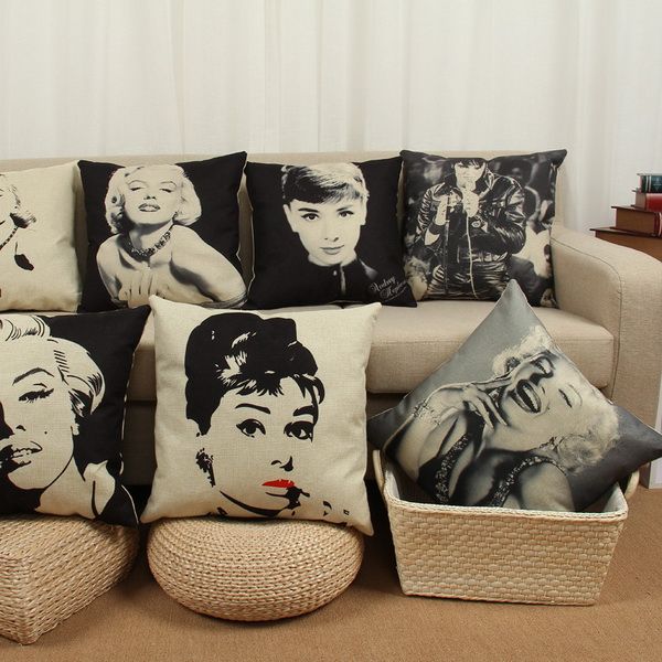 

cushion cover black and white retro nostalgic classic star monroe hepburn elsky beatls pattern pillow cover cotton and linen pillowcase