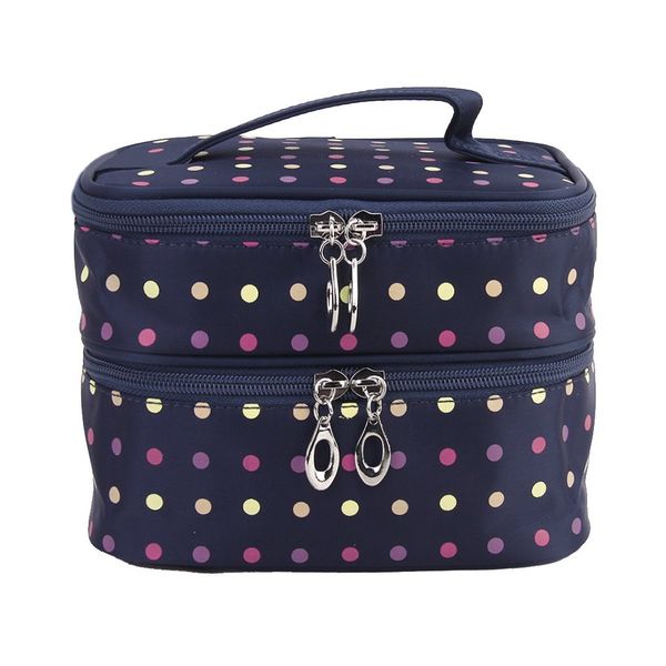 

wholesale- women polka dots double layers portable make up organizer bag cosmetic makeup bags (dark blue