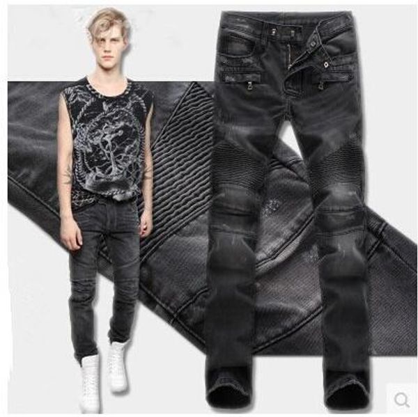 Jeans masculino Moda comércio exterior azul claro jeans preto calças motociclista lavagem para fazer a velha dobra Calça casual Runway Denim