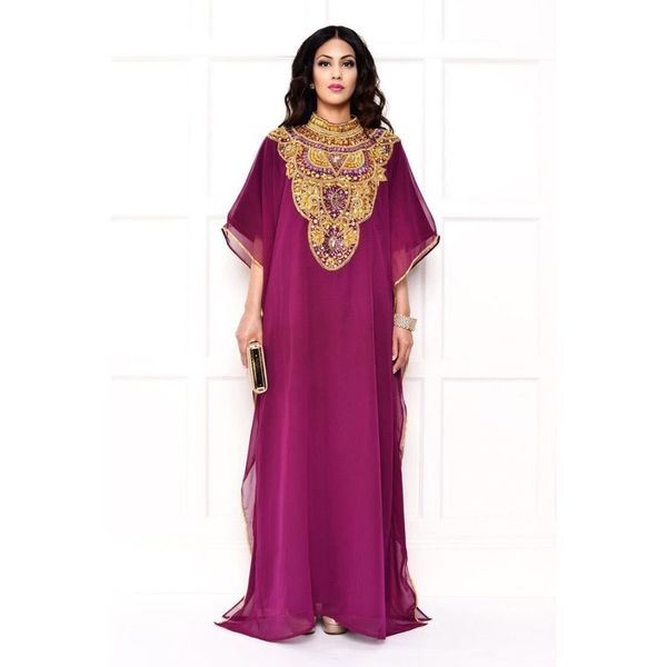 Arabischer Dubai-Kaftan, arabische Abendkleider, Perlenkristallkragen, muslimisches islamisches Promi-Kleid, formelle Partykleider, Abaya-Kaftan, Chiffon