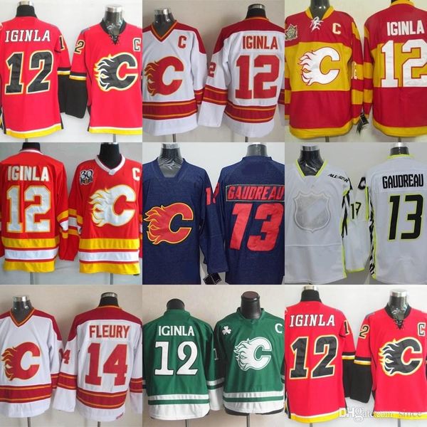 

factory outlet men's calgary flames #12 iginla #13 johnny gaudreau #14 fleury green blue white red black new ice hockey jerseys i, Black;red