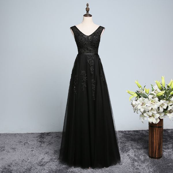 

elegant v neck long tulle evening dress with lace appliques 2019 black evening gowns new robe de soiree, Black;red
