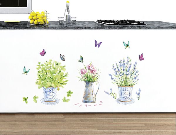 Acheter Dessin Animé Pot De Fleurs Papillon Stickers Muraux Vert Nature Bonsai Stickers Muraux Pour Cuisine Salle Fenêtre En Verre Salle De Bains
