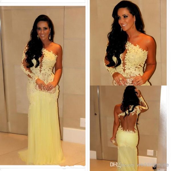 

2020 celebrity prom dresses marianne rabelo mermaid one shoulder long sleeve lace backless sweep train yellow tulle party gowns