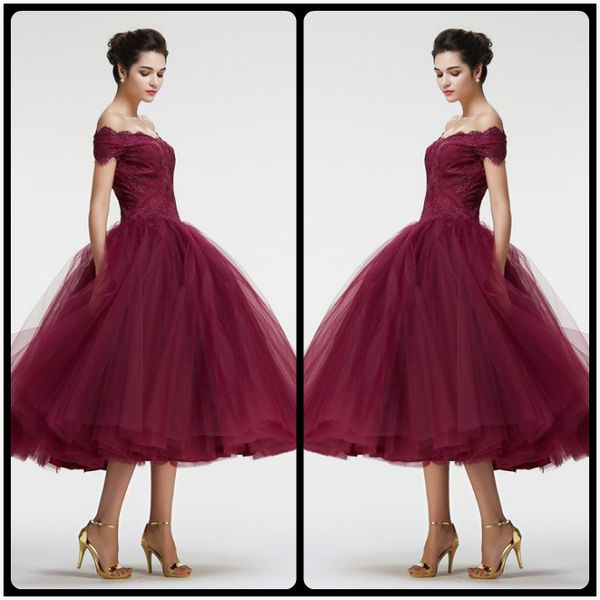 

burgundy off the shoulder ball gown vintage lace prom dresses tea length charming puffy train evening party dress for womens gowns, Black