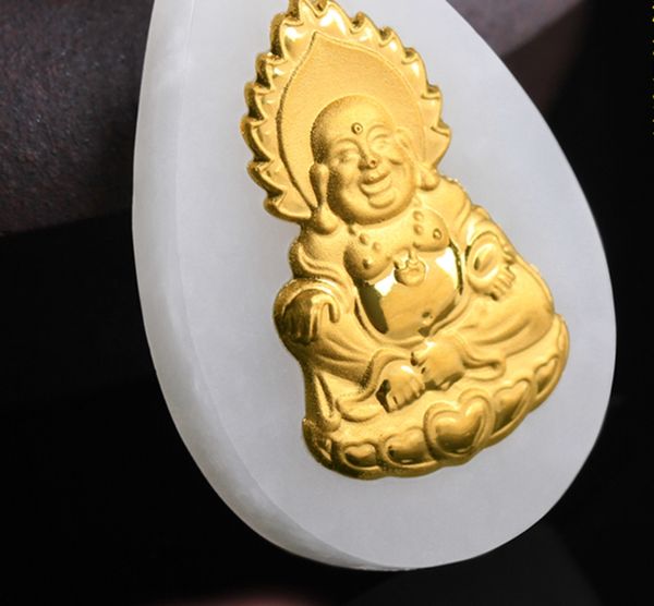 

gold inlaid jade dripping laughing buddha. talisman necklace pendant, Silver