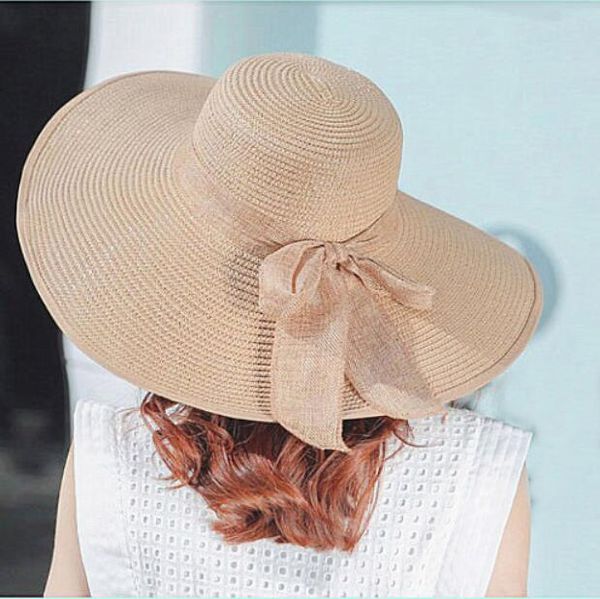 

women's large brim sun hats with large bowknot bowk summer sun shading straw hats beach holiday style wide brim hats bowknot decoration, Blue;gray