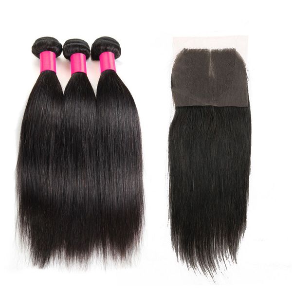 

7a перуанские индийские малайзийские бразильские пучки волос необработанные remy человеческие волосы плетения с закрытием бразильские прямые, Black