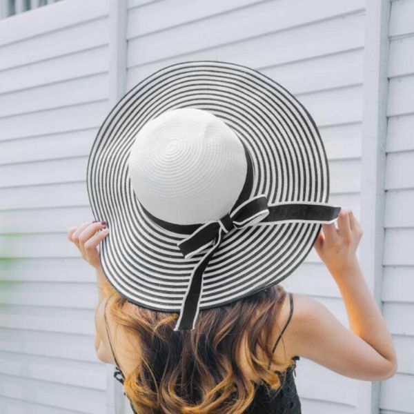 

women's wide brim sun hats floppy bowknot beach style large brim sun hats black and white stripes shading hats foldable for females lc, Blue;gray