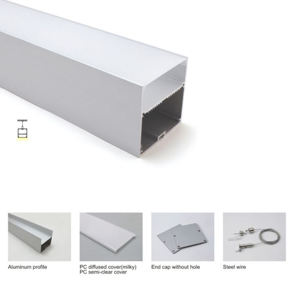 Juegos de 100X1 M/lote perfil de aluminio para tira led de diseño doméstico y perfil de canal cuadrado grande de 75mm de ancho para suspensión o luz colgante