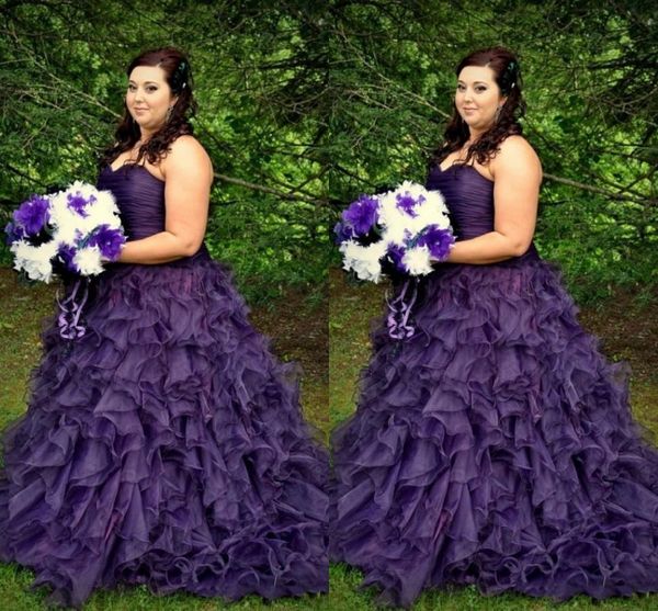 Colorido Plus Size Bola Vestido Vestidos De Noiva 2017 Roxo Sweetheart Ruffles Organza Ruched Vestidos De Noiva Lace Up Chão Comprimento Vestido De Noiva