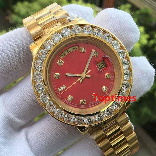 

Red iced out gold diamond luxury men day date tainle teel pre ident automatic bu ine de igner men diamond watch wri twatche watche