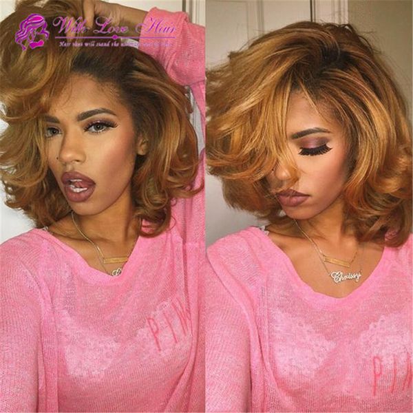 

virgin mongolian ombre lace front bob wigs #1b 27 honey blonde two tone colored short bob glueless full lace wigs 130% density, Black