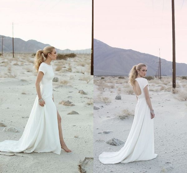 

thigh-high slits wedding dress 2016 with short sleeve crew capped sleeve backless greek style bridal gowns, White