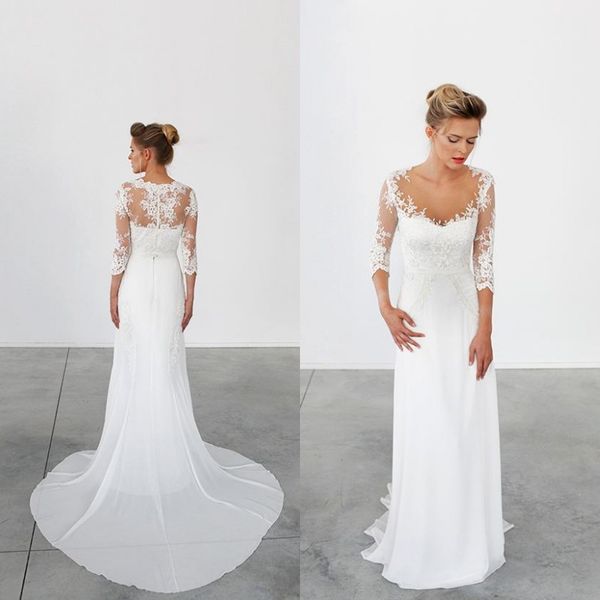 

new arrival sheath column wedding dresses beach bridal gowns illusion scoop neck lace appliqueds sleeves brides wear sweep train, White